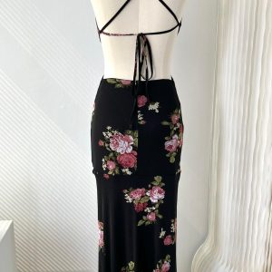 Vintage Rose Floral Backless Maxi Dress - Y2K Aesthetic Long Dress for Elegant Outfits