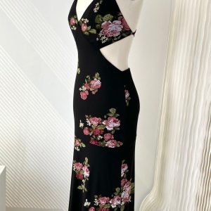 Vintage Rose Floral Backless Maxi Dress - Y2K Aesthetic Long Dress for Elegant Outfits