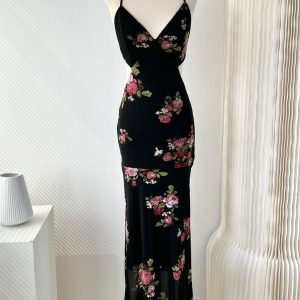 Vintage Rose Floral Backless Maxi Dress - Y2K Aesthetic Long Dress for Elegant Outfits