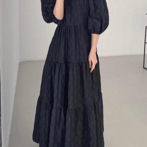 Vintage Round-Neck 3D Pleated Ruffle Long Dress - Y2K Aesthetic Maxi Dress for Chic Style