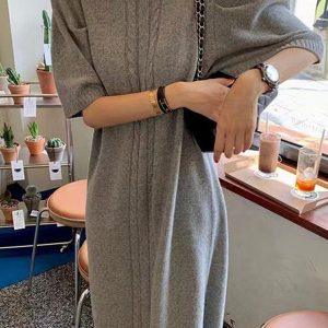 Vintage Textured Short Sleeve Sweater Dress with Long Slit - Y2K Aesthetic Fashion