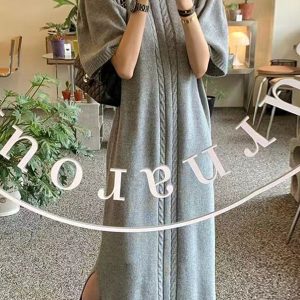 Vintage Textured Short Sleeve Sweater Dress with Long Slit - Y2K Aesthetic Fashion