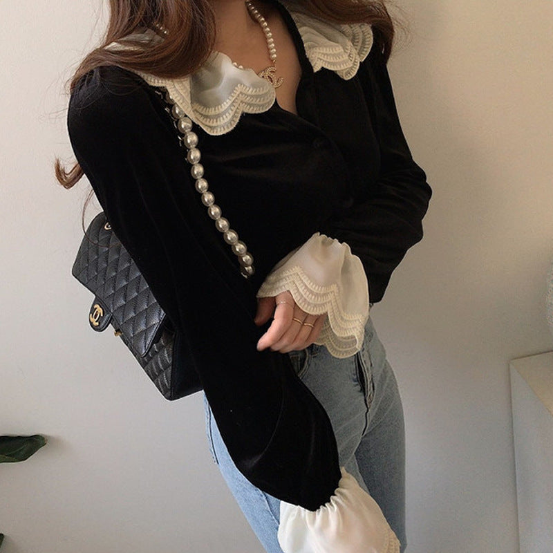 Vintage Velvet Lace Splice Long Sleeve Blouse - Y2K Aesthetic Cute Top for Stylish Outfits