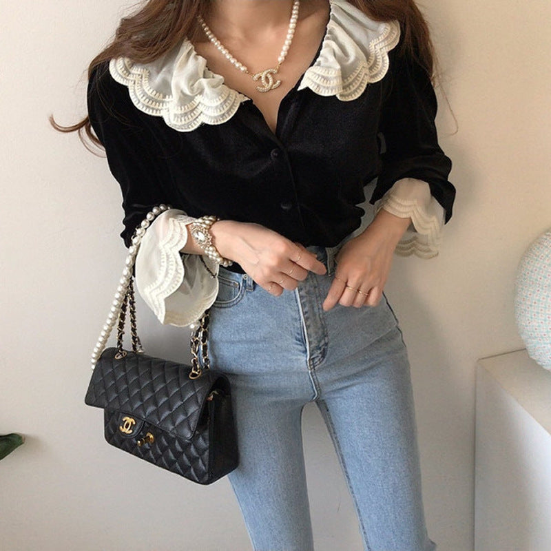 Vintage Velvet Lace Splice Long Sleeve Blouse - Y2K Aesthetic Cute Top for Stylish Outfits