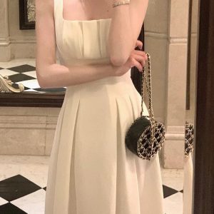 Vintage Y2K Elegant Dress for Women - Sleeveless Square Collar Spaghetti Strap Party Dress