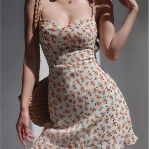 Vintage Y2K Floral Mini Dress for Women - Spaghetti Strap Backless Beach Party Outfit 2024