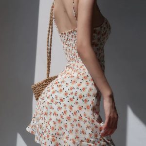 Vintage Y2K Floral Mini Dress for Women - Spaghetti Strap Backless Beach Party Outfit 2024