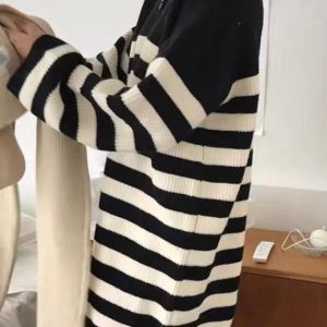 Vintage Y2K Half-Zip Striped Loose Long-Sleeve Knit Dress for Aesthetic Outfits