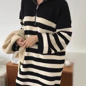 Vintage Y2K Half-Zip Striped Loose Long-Sleeve Knit Dress for Aesthetic Outfits