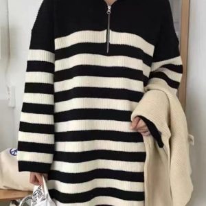 Vintage Y2K Half-Zip Striped Loose Long-Sleeve Knit Dress for Aesthetic Outfits