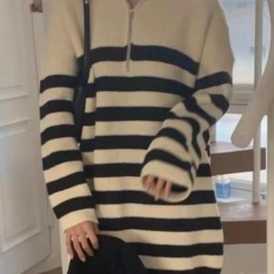 Vintage Y2K Half-Zip Striped Loose Long-Sleeve Knit Dress for Aesthetic Outfits