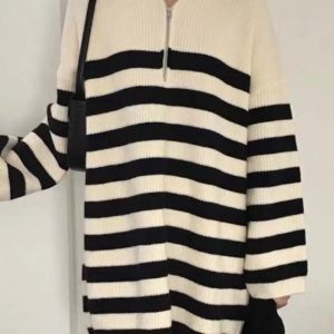 Vintage Y2K Half-Zip Striped Loose Long-Sleeve Knit Dress for Aesthetic Outfits