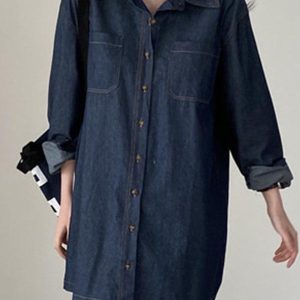 Vintage Y2K Long Sleeve Denim Blouse - Retro Aesthetic Top for Stylish Outfits