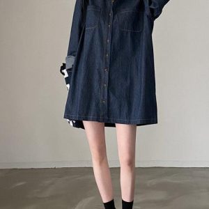 Vintage Y2K Long Sleeve Denim Blouse - Retro Aesthetic Top for Stylish Outfits