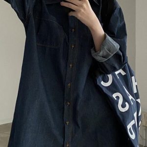 Vintage Y2K Long Sleeve Denim Blouse - Retro Aesthetic Top for Stylish Outfits