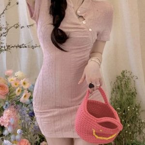 Vintage Y2K Mini Dress for Women - Short Sleeve Solid Slim Button Bow Streetwear Fashion 2024