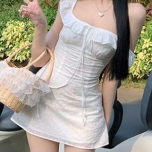 Vintage Y2K Mini Dress for Women - Solid Slim Lace-Up Sleeveless Streetwear Fashion 2024