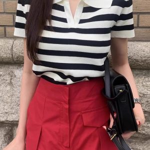 Vintage Y2K Polo Collar Striped Knitting T-Shirt for Coquette and Grunge Aesthetic Styles