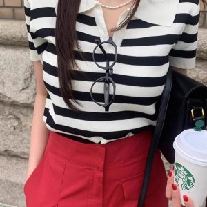 Vintage Y2K Polo Collar Striped Knitting T-Shirt for Coquette and Grunge Aesthetic Styles