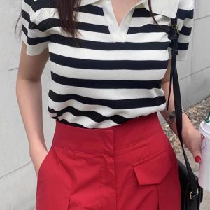 Vintage Y2K Polo Collar Striped Knitting T-Shirt for Coquette and Grunge Aesthetic Styles