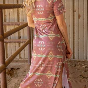 Western-Inspired Printed Short Sleeve Slit Dress for Y2K Aesthetic Fashion Lovers