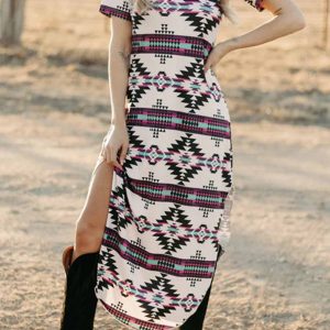 Western-Inspired Printed Short Sleeve Slit Dress for Y2K Aesthetic Fashion Lovers