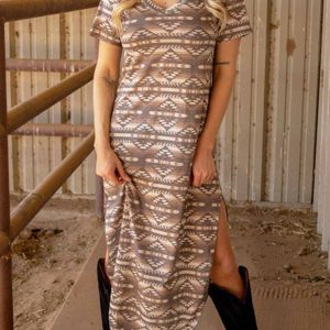 Western-Inspired Printed Short Sleeve Slit Dress for Y2K Aesthetic Fashion Lovers