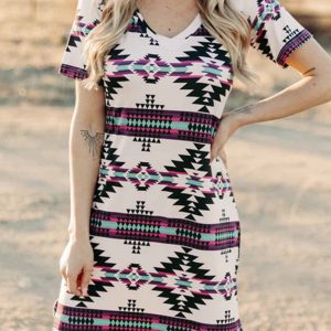 Western-Inspired Printed Short Sleeve Slit Dress for Y2K Aesthetic Fashion Lovers