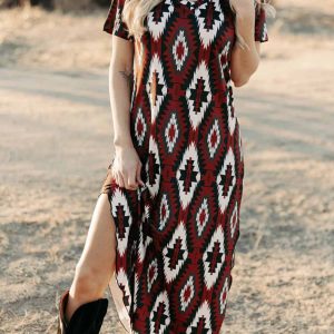 Western-Inspired Printed Short Sleeve Slit Dress for Y2K Aesthetic Fashion Lovers