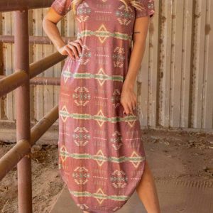 Western-Inspired Printed Short Sleeve Slit Dress for Y2K Aesthetic Fashion Lovers