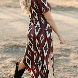 Western-Inspired Printed Short Sleeve Slit Dress for Y2K Aesthetic Fashion Lovers