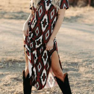 Western-Inspired Printed Short Sleeve Slit Dress for Y2K Aesthetic Fashion Lovers