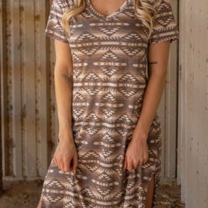 Western-Inspired Printed Short Sleeve Slit Dress for Y2K Aesthetic Fashion Lovers