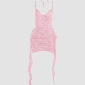 Wheatflow Cami Dress with Rose Necktie - Y2K Aesthetic Cute Dress for Coquette Style