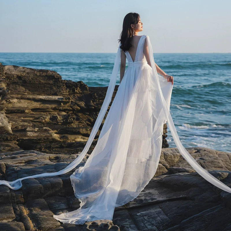 White Elegant Sling Dress for Beach Weddings & Seaside Photos - Fairy Aesthetic