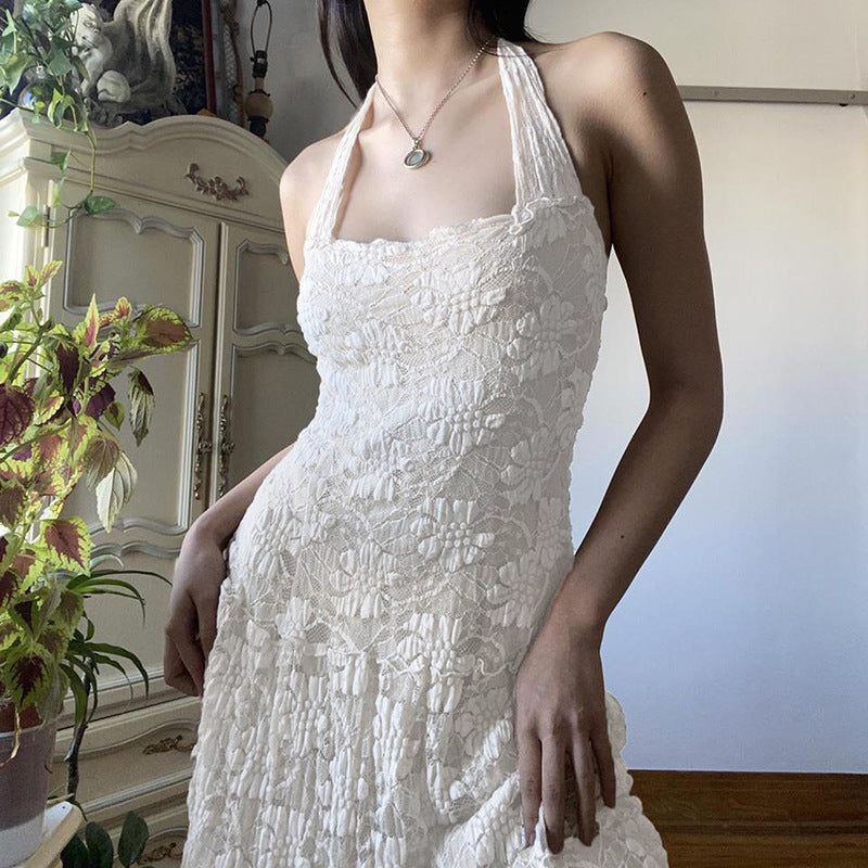 White Floral Lace Halter Maxi Dress - Y2K Aesthetic Boho Style for Effortless Elegance