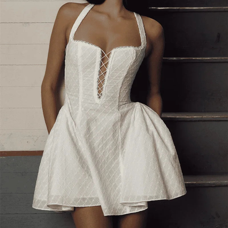 White Halterneck Mini Dress with High Waist, Hollow Lace-Up, Embroidered Sleeves, and Backless Design