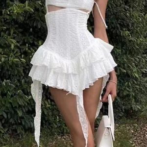 White Jacquard Ruffle Dress with Cutout Detail - Y2K Aesthetic Fashion Statement