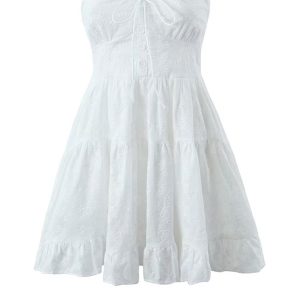 White Lace Tie-Up Strapless Tiered Dress - Y2K Aesthetic Coquette Style for Effortless Charm