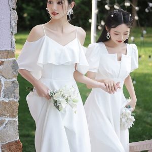 White Satin Bridesmaid Dress for Sisters - Elegant Group Style Graduation Outfit