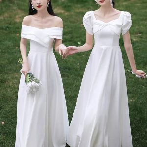 White Satin Bridesmaid Dress for Sisters - Elegant Group Style Graduation Outfit