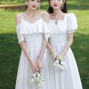 White Satin Bridesmaid Dress for Sisters - Elegant Group Style Graduation Outfit