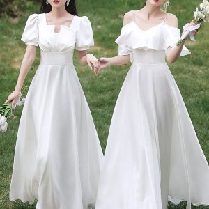 White Satin Bridesmaid Dress for Sisters - Elegant Group Style Graduation Outfit