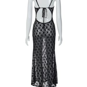 Women's Backless Mesh Suspender Dress - Sexy Y2K Aesthetic Long Dress for Chic Outfits