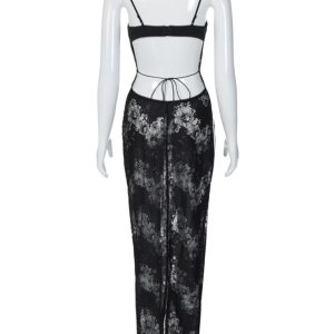 Women's Backless Tie Mesh Suspender Dress - Y2K Aesthetic Sexy Long Dress