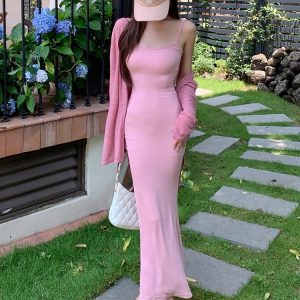 Women's Bodycon Dress with Sun-Protective Cardigan - Y2K Fashion Streetwear for Casual Parties