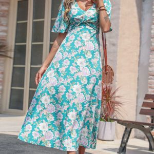 Women's Casual Deep V Floral Green Dress - Y2K Aesthetic Summer Vibes