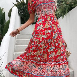 Women's Ethnic Style One-Neck Printed Dress - Y2K Aesthetic Fashion Statement