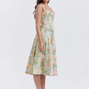 Women's Floral Slit Dress with Slim Suspenders - Y2K Aesthetic Style