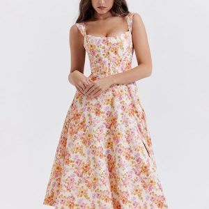 Women's Floral Slit Dress with Slim Suspenders - Y2K Aesthetic Style